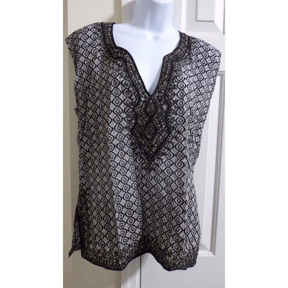 New York & Company Embroidery Tunic Top Cover Up Black White Sleeveless Sz Small